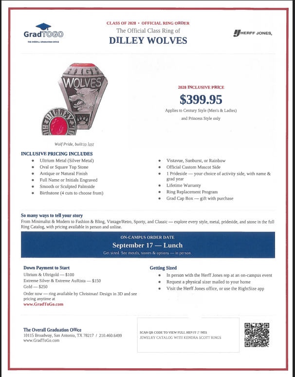 A red and white page displays information about the Class Ring of Dilley Wolves, including price and details.