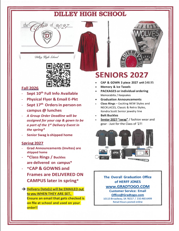 A flyer shows graduation attire, including gowns, caps, and rings. There is a QR code for ordering information.