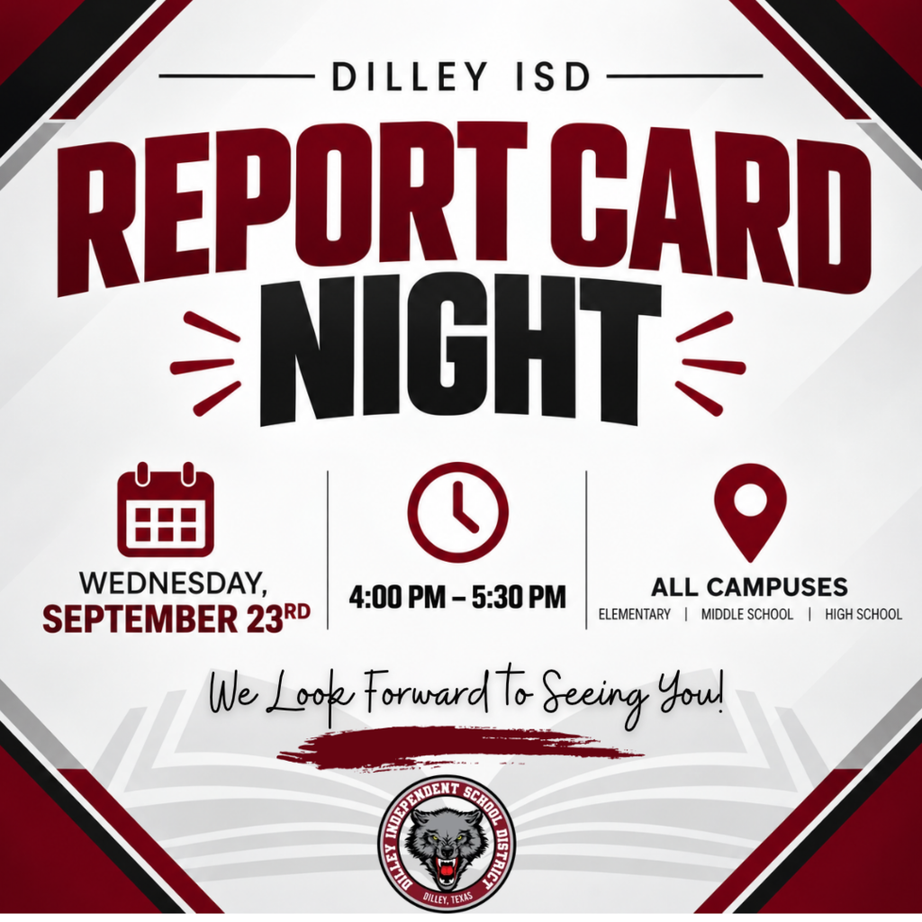 An announcement for Report Card Night with Diller ISD, scheduled for Wednesday, September 23rd from 4:00 PM to 5:30 PM at all campuses.