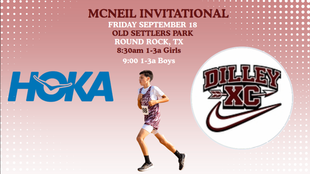 Pink background with white text. A child runs. Logos for McNeil Invitational, HOKA, and Dilley XC.
