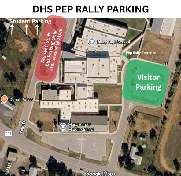 A map showing parking areas. A red area marked student parking for staff and students only. A green area marked visitor parking.