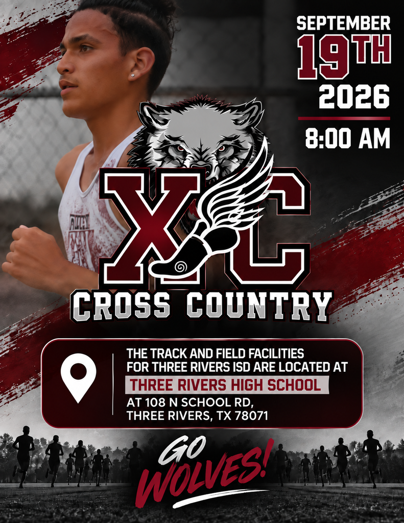 Poster for XC Cross Country event at Three Rivers High School. Features runner, date, time, location, and wolf logo.