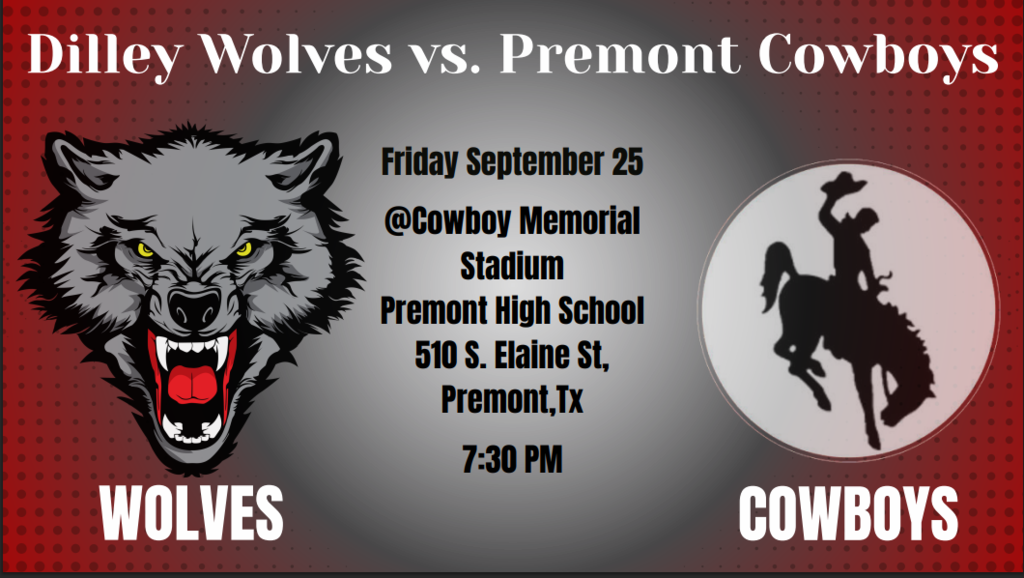 A sports event poster featuring a wolf's head on the left and a cowboy on a horse on the right.