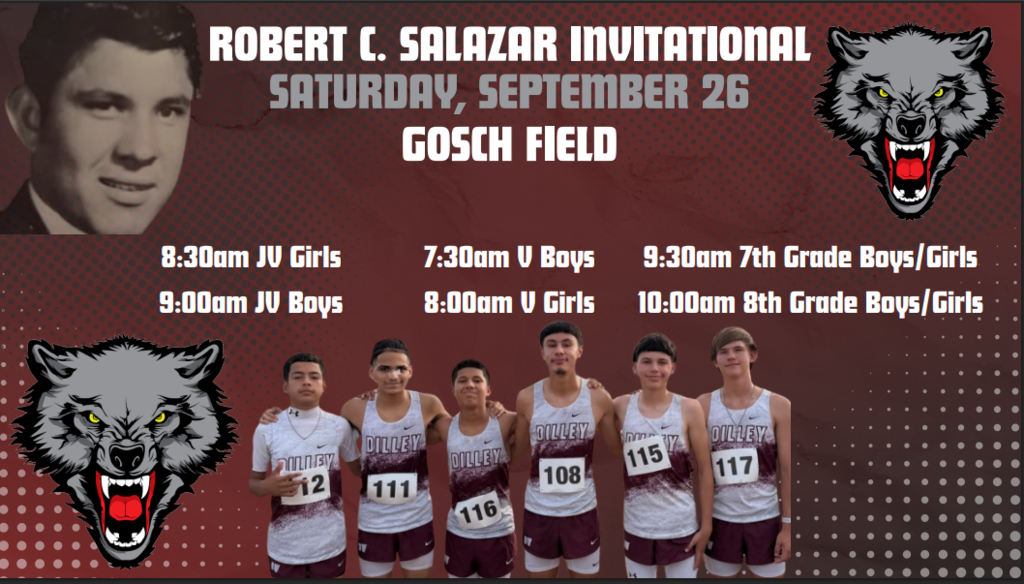 A poster shows runners in white and maroon uniforms. The event is the Robert C. Salazar Invitational on September 26.
