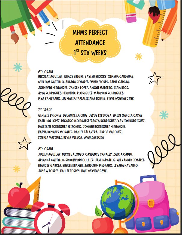 An attendance sheet with colorful stationery displays various school items, including an apple, pencil, and backpack, along with names and grades.