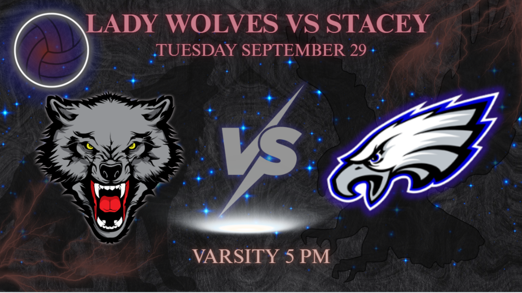 A sports poster with a wolf and an eagle logo, bold text reading "Lady Wolves vs Stacey" and "Tuesday September 29".