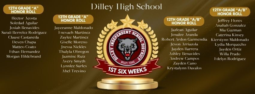 Display of honor roll students from Dilley High School on a dark background, featuring names and awards.