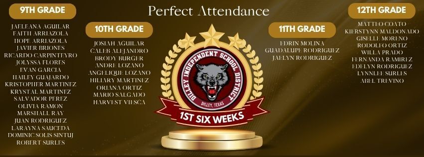 Gold star badge with "Perfect Attendance 1st Six Weeks" on a dark background with names of students listed.