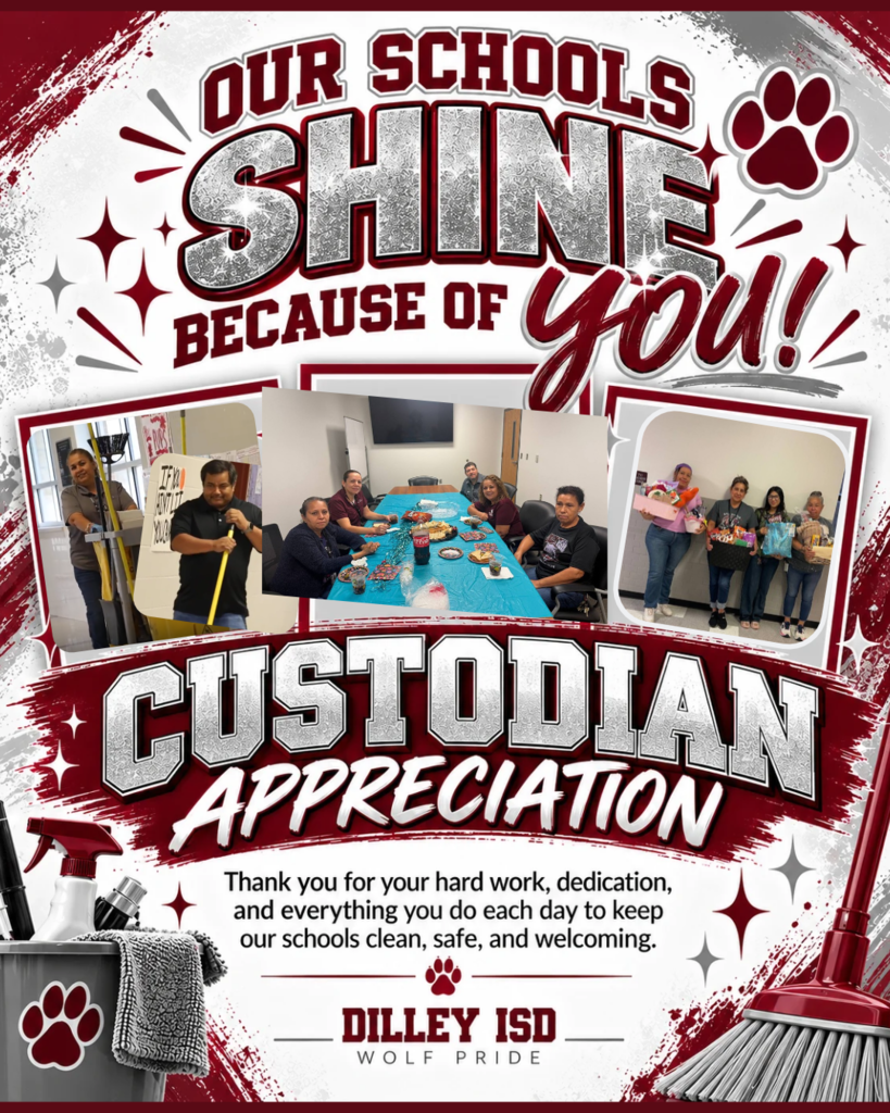 Poster celebrating school custodians with text: "Our Schools Shine Because of You!" Shows images of custodians working.