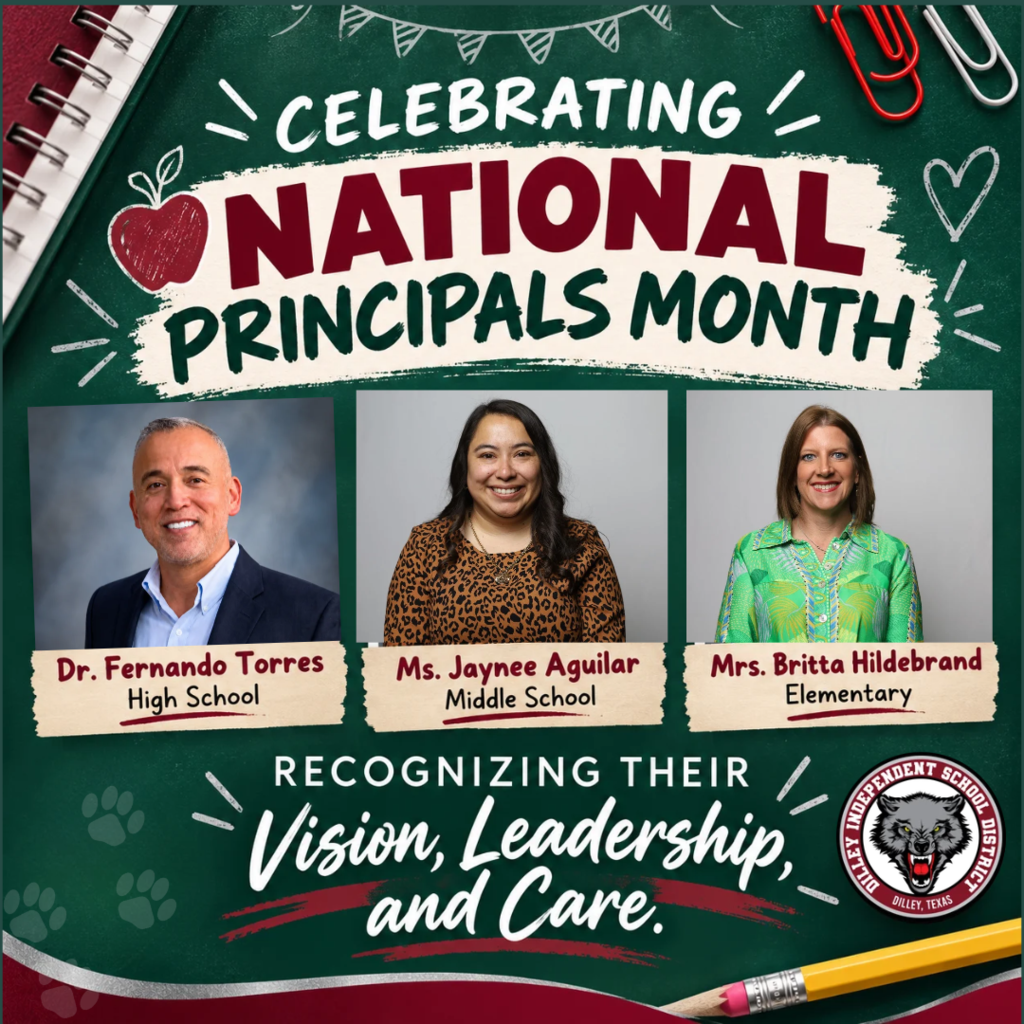 Green background, red border. Three photos of principals. Center text reads "National Principals Month" above photos.