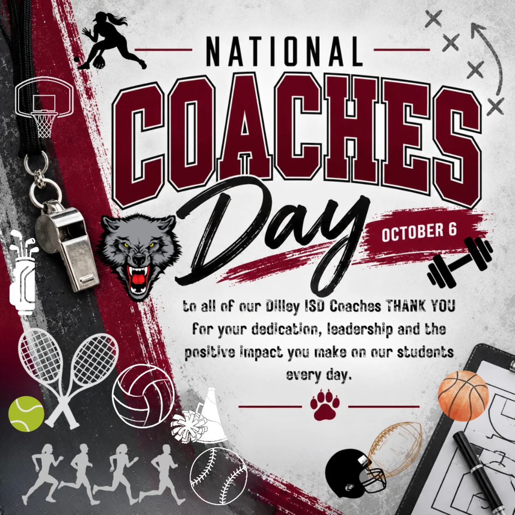 Red and white poster for National Coaches Day. Text reads "OCTOBER 6" and "THANK YOU" with sports icons around.