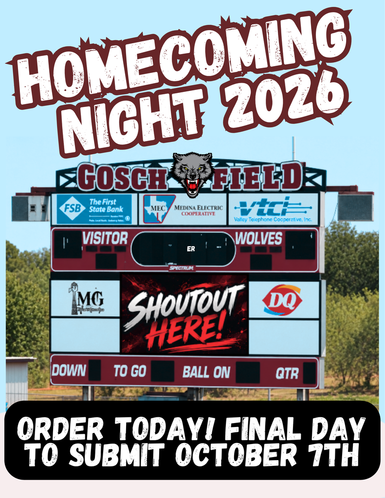 Sports field scoreboard displays "Homecoming Night 2026" with "Shoutout Here!" below. Background includes trees. Call to action below.
