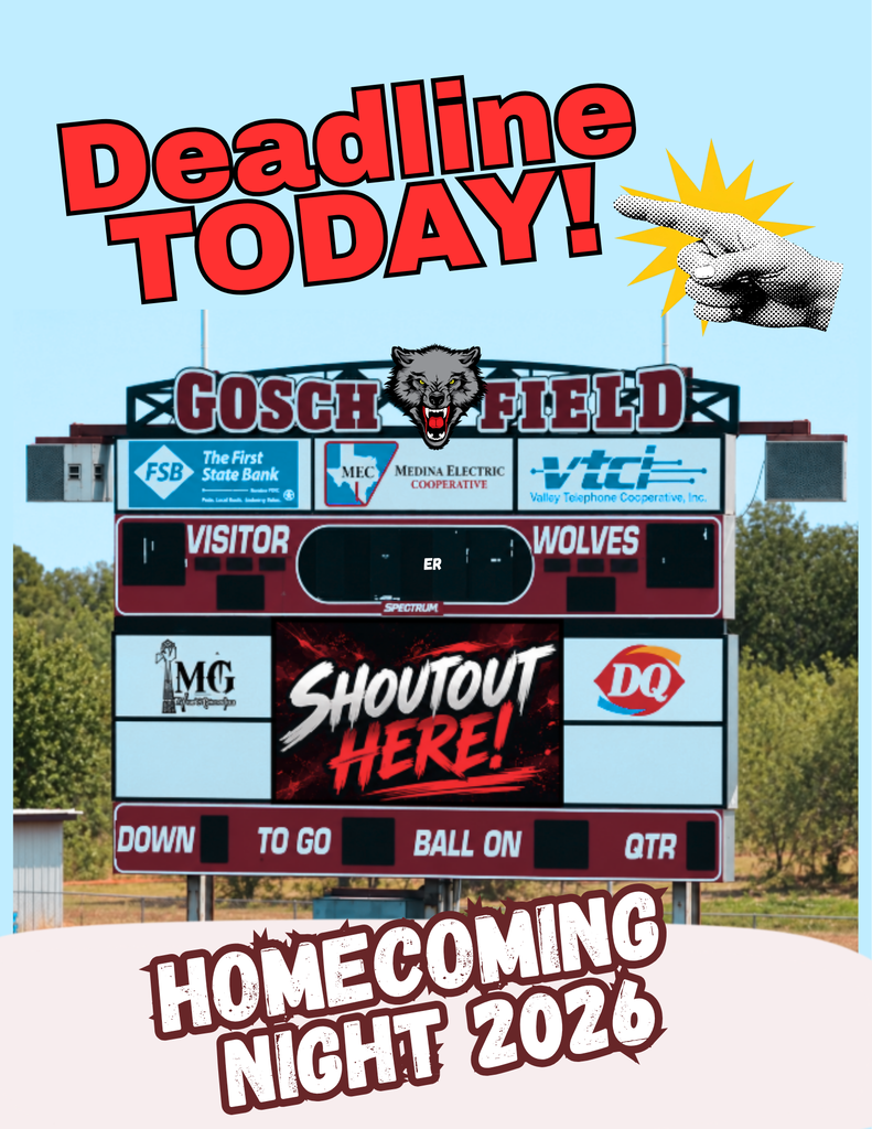 Bright, colorful sign with a scoreboard. "Deadline TODAY!" and "Homecoming Night 2026" in red text. A hand points to "Shoutout HERE!" on the scoreboard.