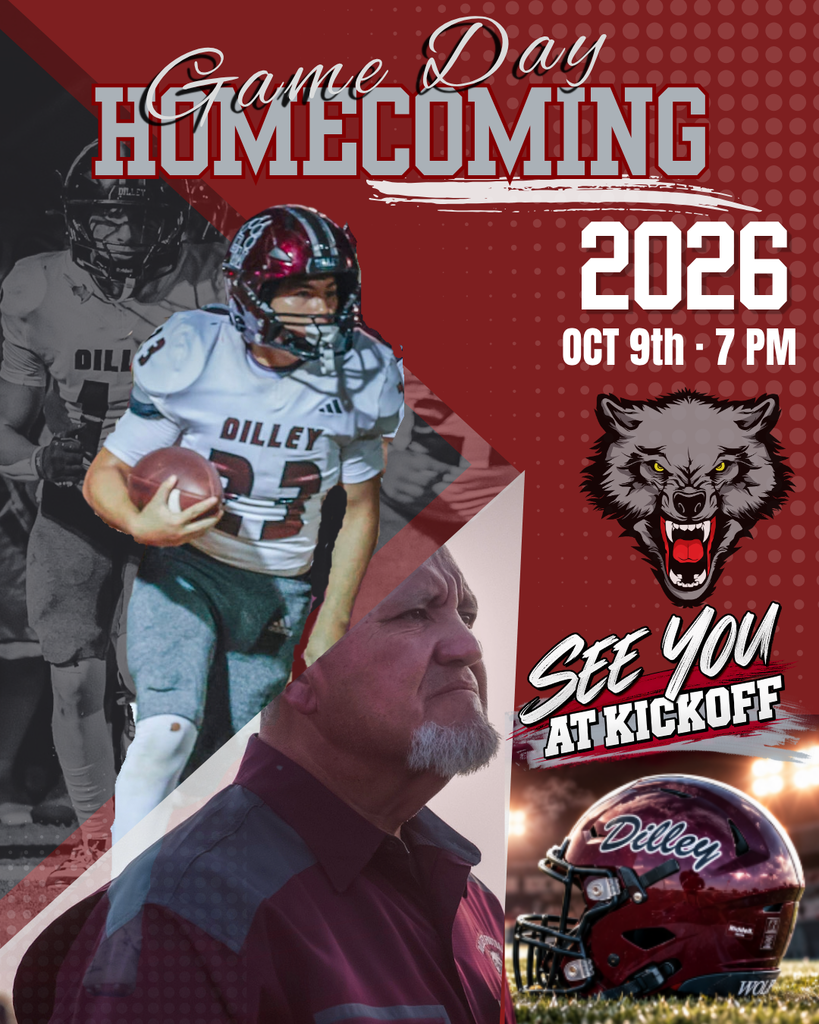 Football player holding a ball, a coach, and the school mascot on a maroon background. Text reads "Game Day Homecoming 2026 OCT 9th - 7 PM".