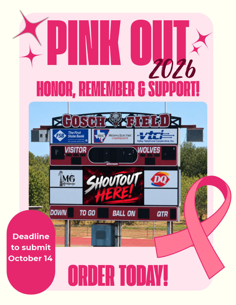 Pink banner with "PINK OUT 2026 HONOR, REMEMBER & SUPPORT!" text, pink ribbon, and scoreboard. Background shows trees and a field.