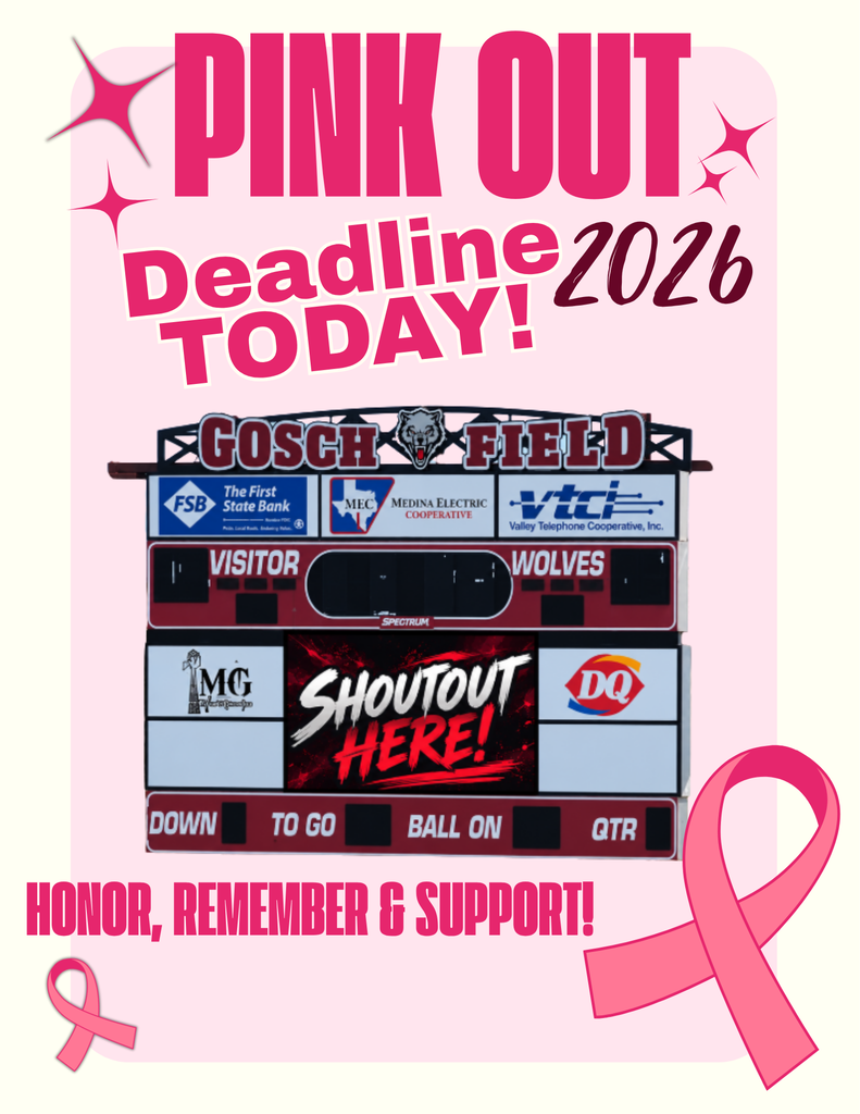 Pink background with a field scoreboard. Text reads "PINK OUT Deadline 2026 TODAY!" and "SHOUTOUT HERE!". Two pink ribbons on the sides.