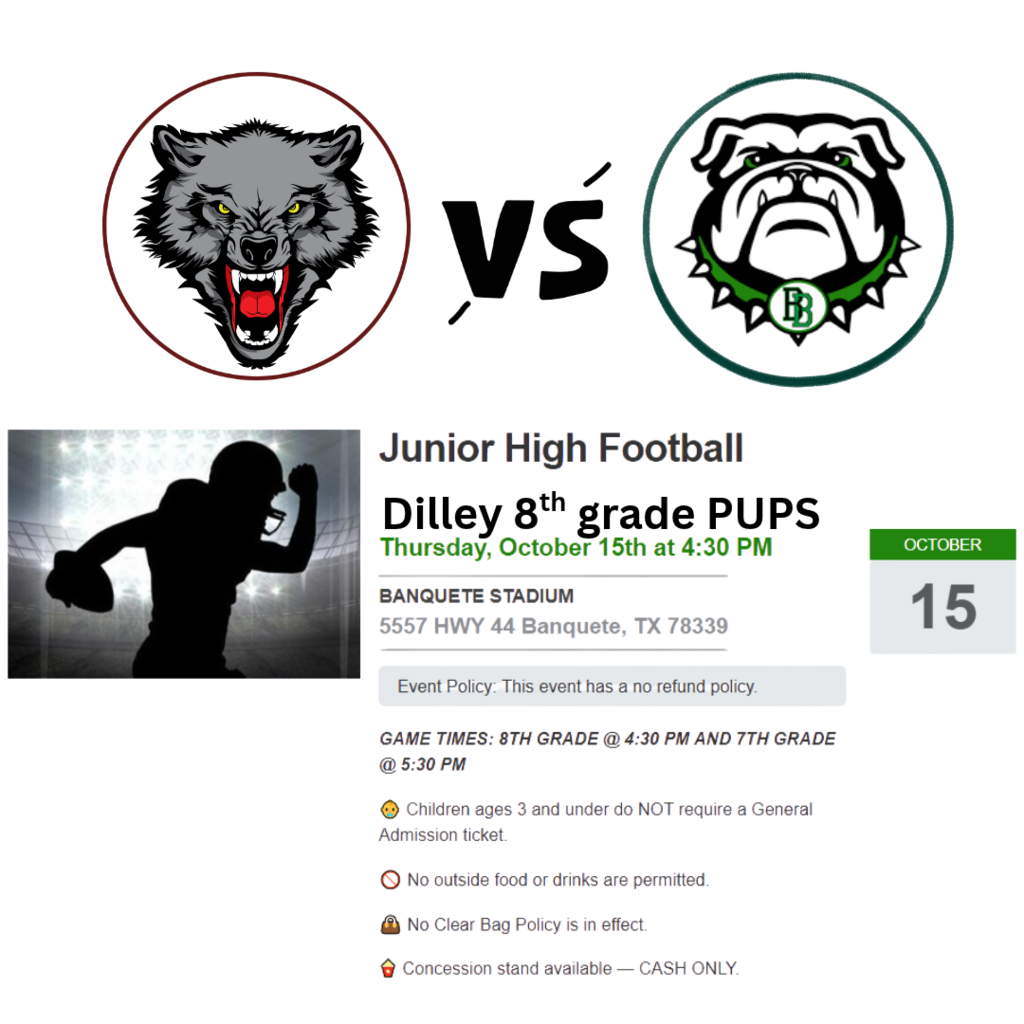 Two circular logos, one of a wolf and one of a bulldog, are displayed. A football player in silhouette stands below.