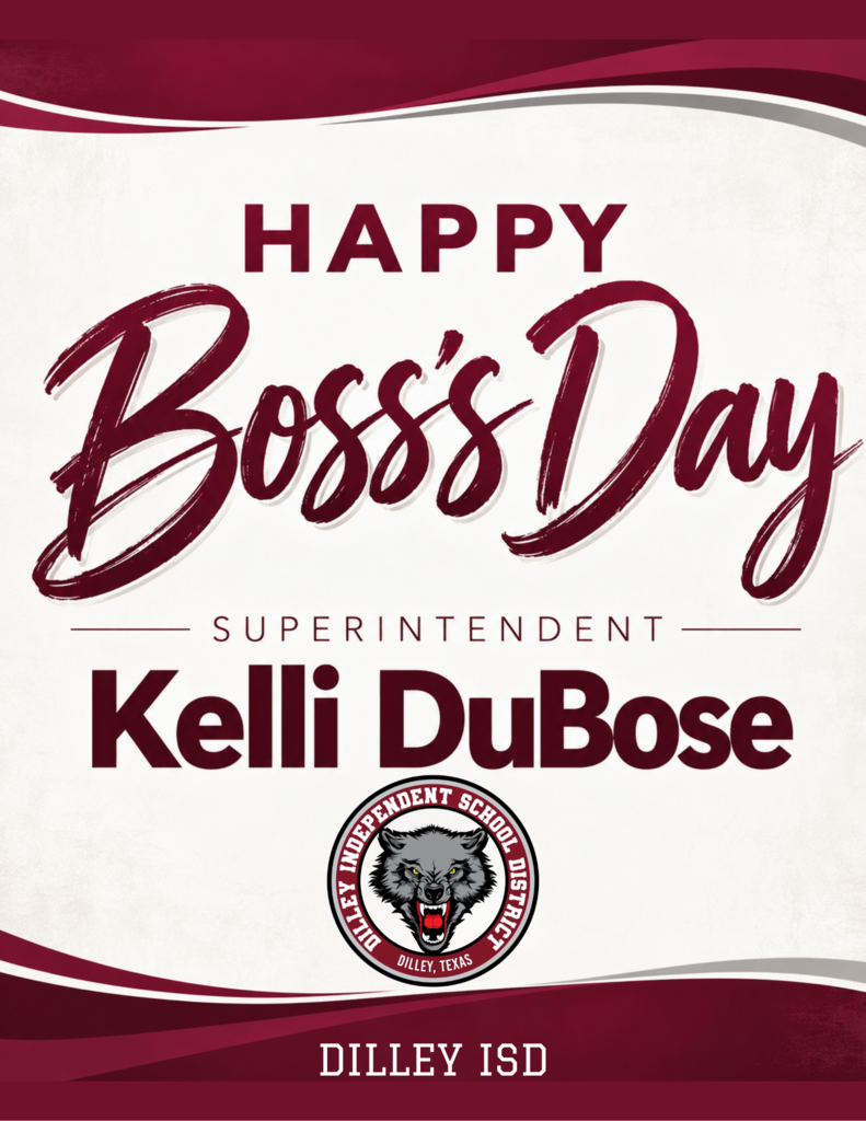 A festive red and white banner celebrating Boss's Day, honoring Superintendent Kelli DuBose, with a logo featuring a wolf.