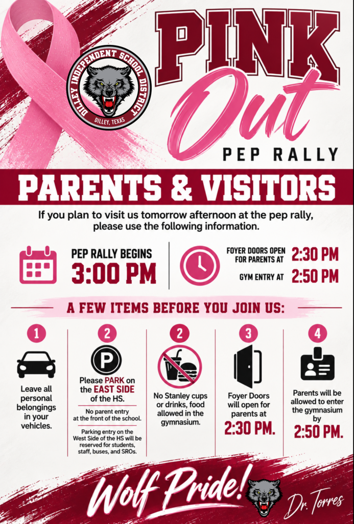 Pink Out Pep Rally flyer with details on date, time, and entry. Features an image of a wolf, pink ribbon, and school logo.