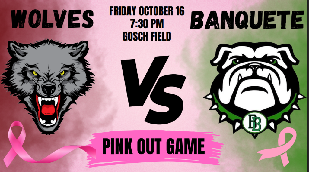 Pink ribbons surround a poster showing a wolf and bulldog. The wolf has a black outline.