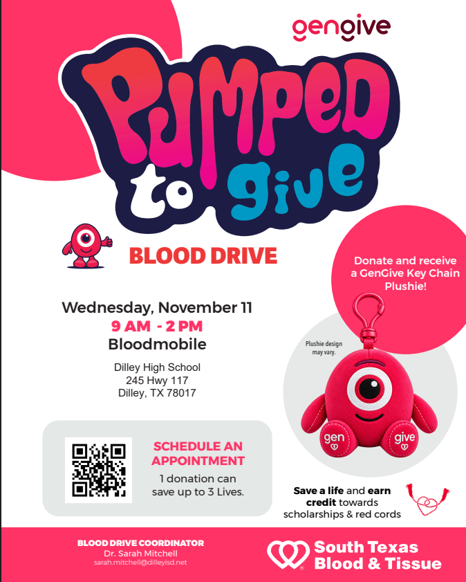 Red cartoon character with eye, "Pumped to Give" text. QR code and other text in black.