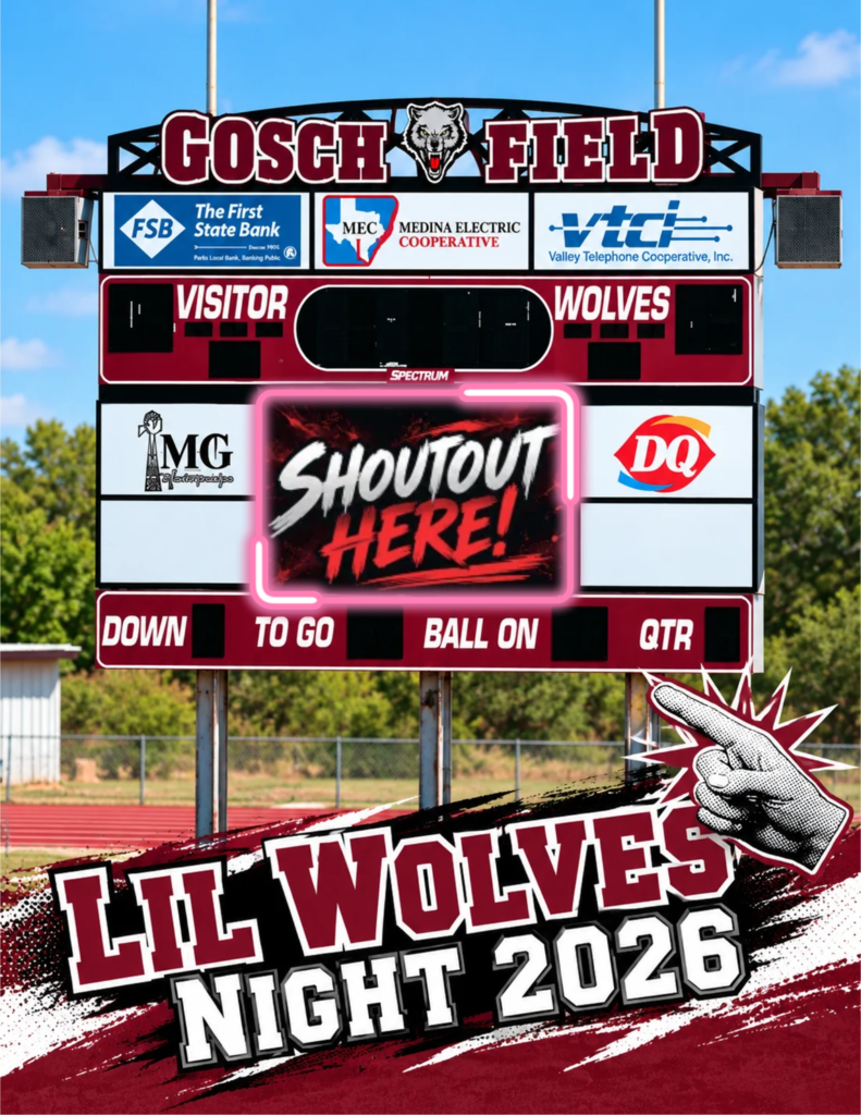 Scoreboard for Gosch Field with text and logos. A graphic of a hand pointing at the word "Shoutout" on the scoreboard.