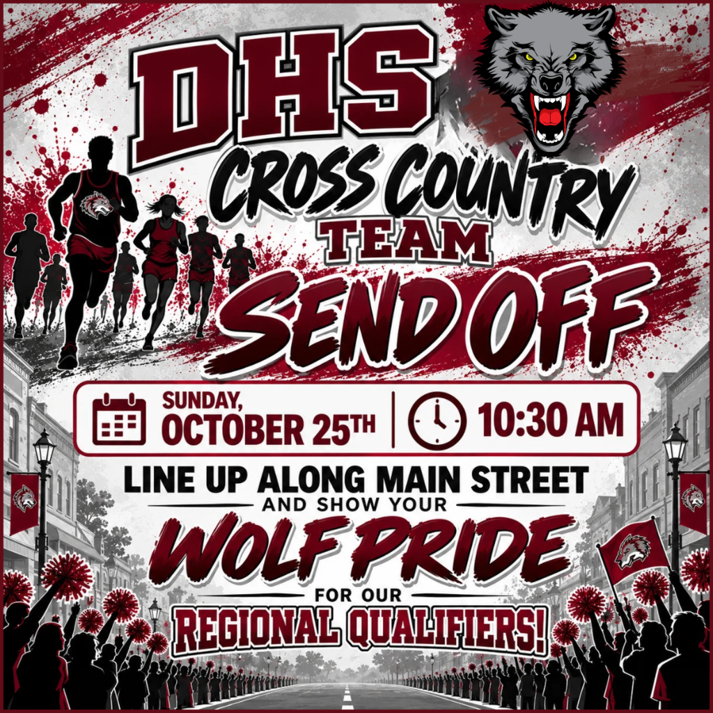 Poster with running people and a wolf, showing a school cross country team send-off.
