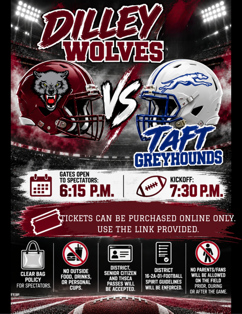 Two football helmets with team names on a poster. Date, time, and ticket info below. Policy icons on the bottom left.