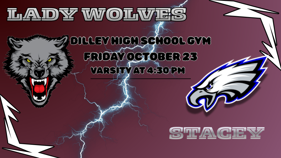 Graphic featuring a wolf's head, lightning, and a school mascot. Text reads "Lady Wolves" and "Friday October 23."
