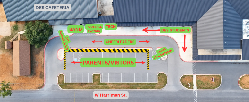 Map showing school parking lot with labeled areas for band, football, tech, cheerleaders, students, parents/visitors.