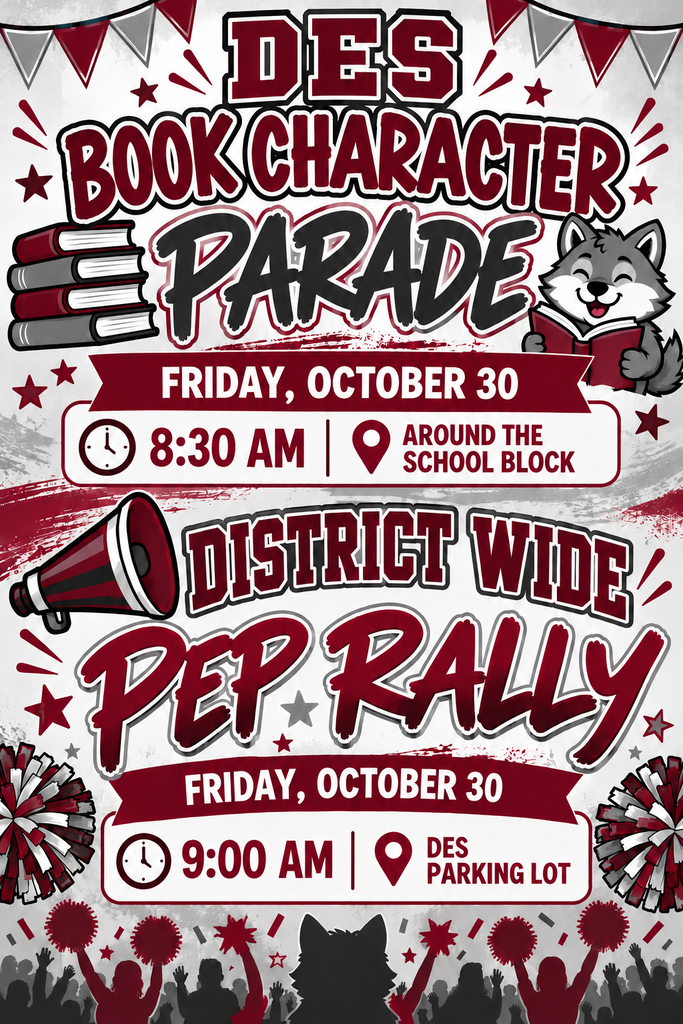 Poster shows book, fox, megaphone, pom-poms, and clock with times for Book Character Parade and Pep Rally on Friday, October 30.