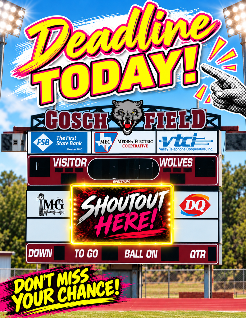 Bright advertisement for Gosch Field with scoreboard showing "Deadline Today!" and "ShOUT Here!" with hand pointing at it.
