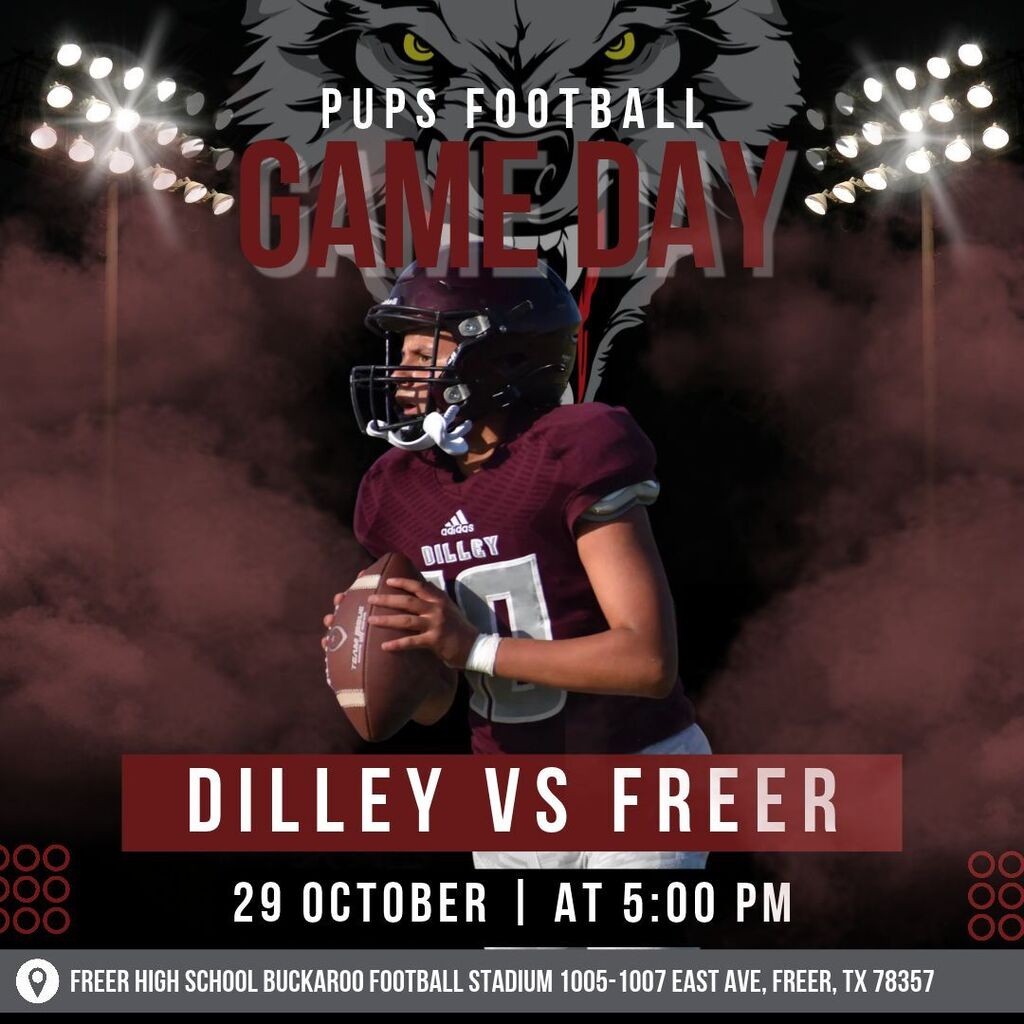 A football player holding a ball. Helmet, jersey, and gloves on. Game Day text with date and time.