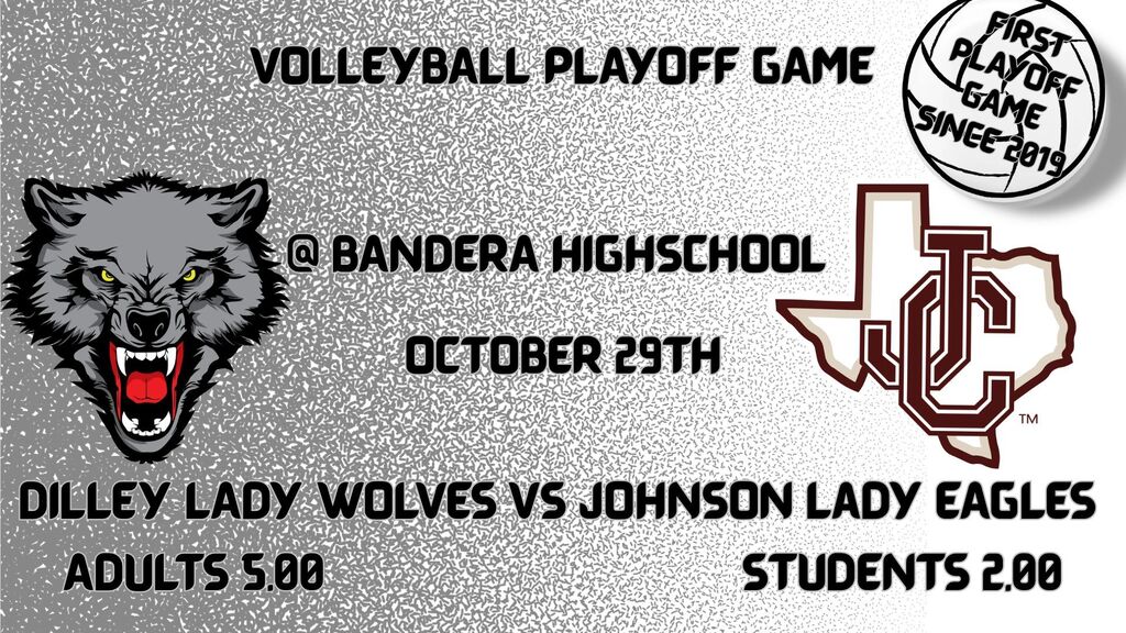 A graphic announces a volleyball playoff game with wolf mascot, school name, date, teams, and ticket prices.