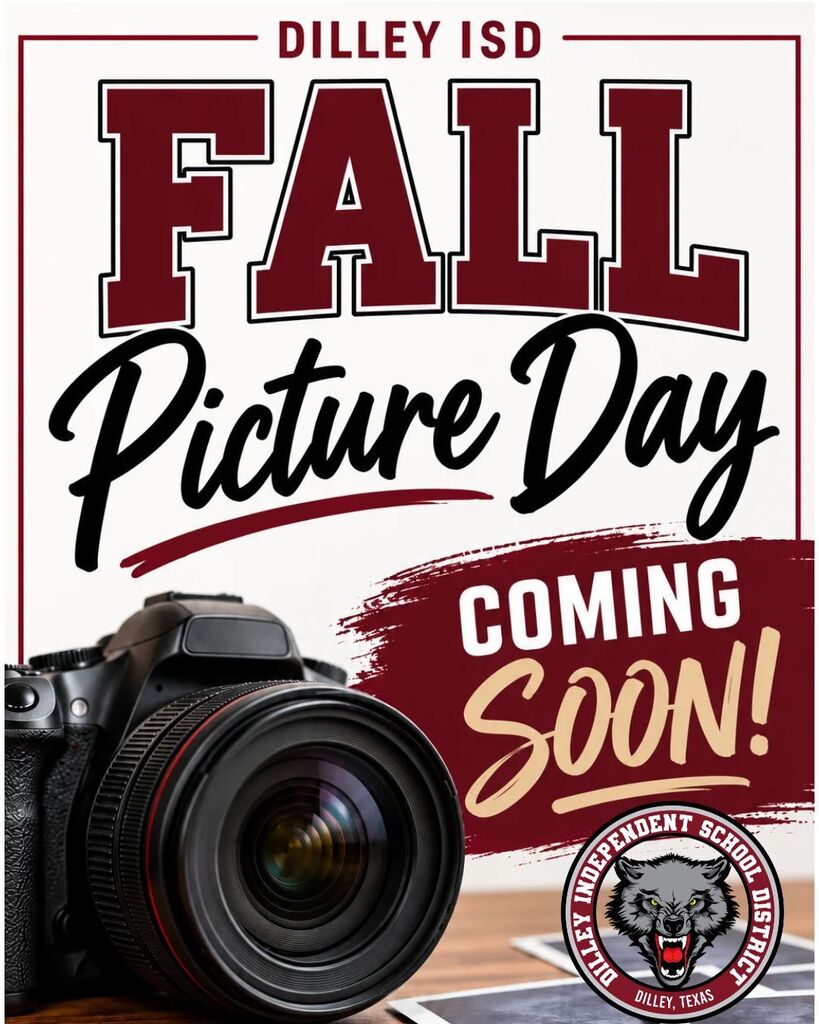Poster with school district logo, "FALL Picture Day" in bold text, camera lens on a desk.