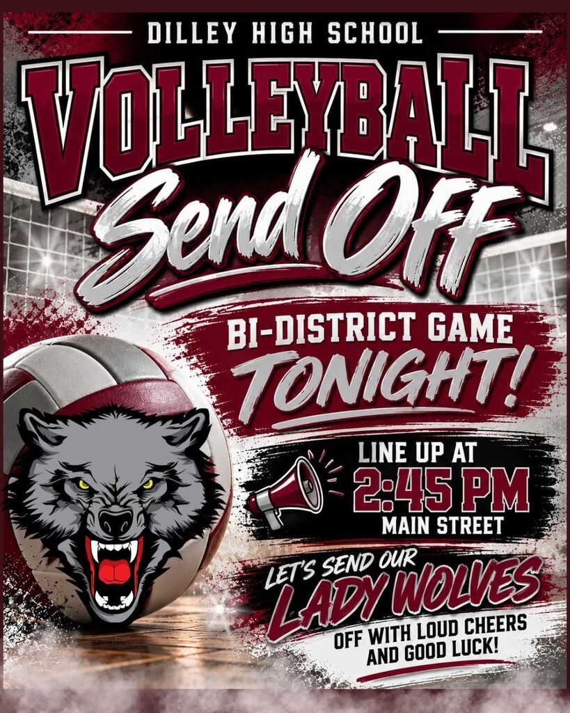 Poster for volleyball event with wolf head and ball on court. Text reads "Volleyball Send Off BI-DISTRICT GAME TONIGHT!"