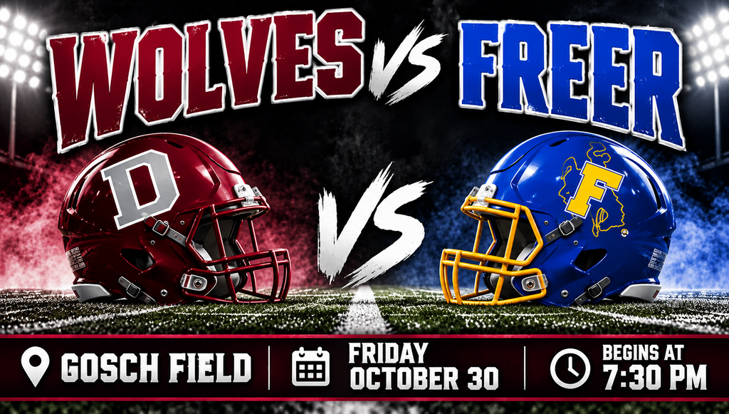 Two football helmets on field, one red and one blue. One reads Wolves, the other Freer. Location, date, and time for an event are below.