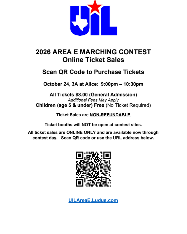 Text and QR code for 2026 Area E Marching Contest ticket sales. Date and time are listed.