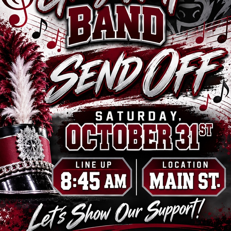 Red and black school event flyer with wolf, musical notes, drum, and a red and white tassel hat.