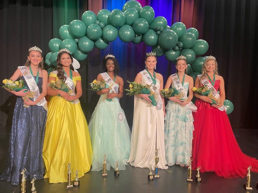 Miss Viking Court 2026 (L to R) Miss Congeniality Camdyn Taylor, Miss Freshman Jaya Mitchell, Miss Sophomore Adrinea Smith, Miss Viking 2026 Kate Gasque, Miss Junior Adalie Taylor, and Miss Senior Lauryn Brumbles
