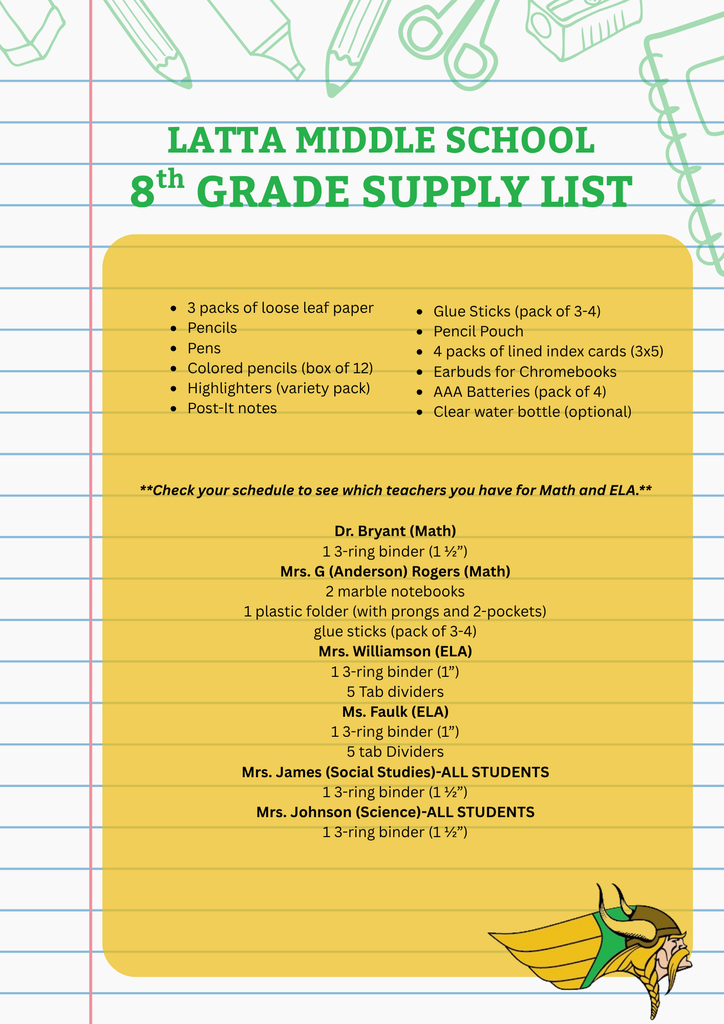 8th Grade Supply List