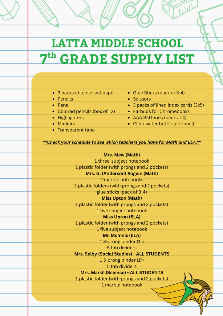 7th Grade Supply List
