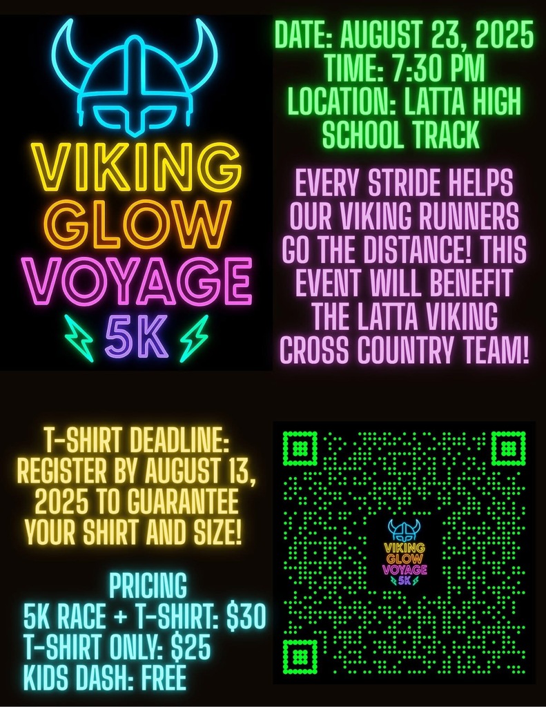 Flyer for Cross Coutry 5K on August 23, 2025 at 7:30, Latta High School Track