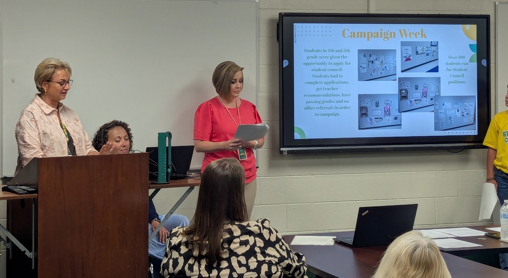 Mrs. Morrell, principal at LES, talking about the posters that students created to campaign to be elected for student council