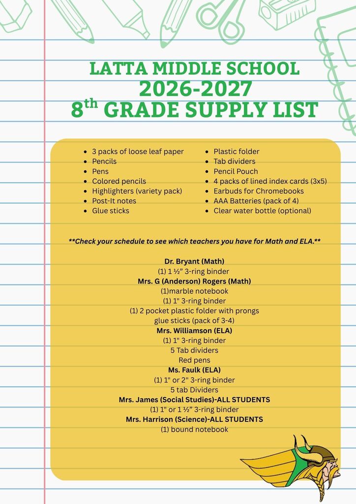 8th Grade Supply List 2026-2027