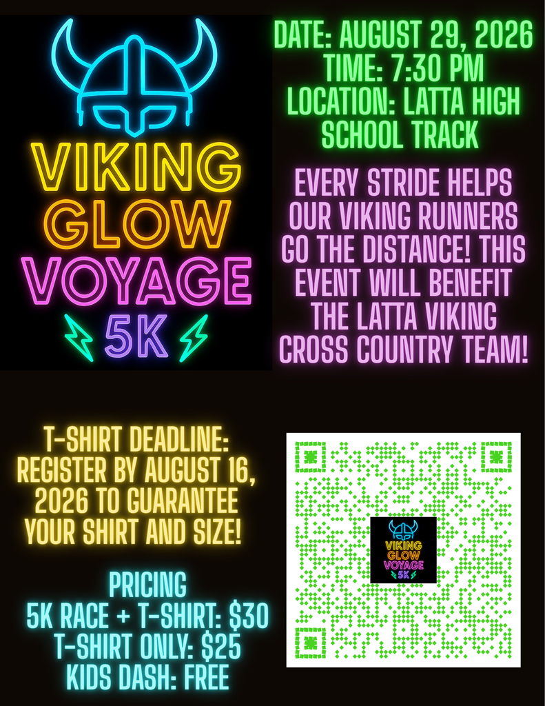 Flyer for the Viking Glow Voyage 5K on August 29th beginning at 7:30 at the Latta High School Track.