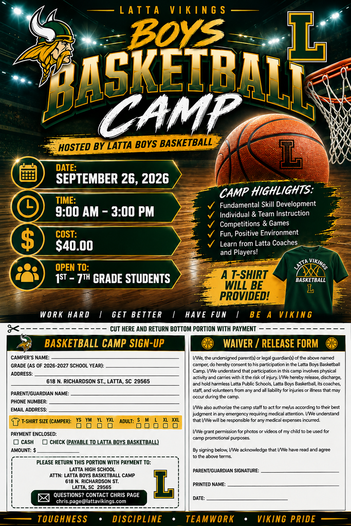 Flyer for basketball camp on Saturday, September 26, 2026 from 9-3