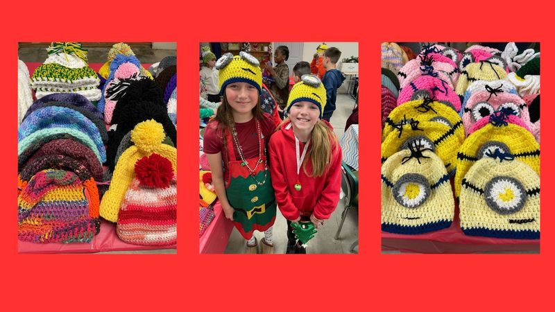 LES Student council receiving hat donation from Latta Senior Empowerment Services