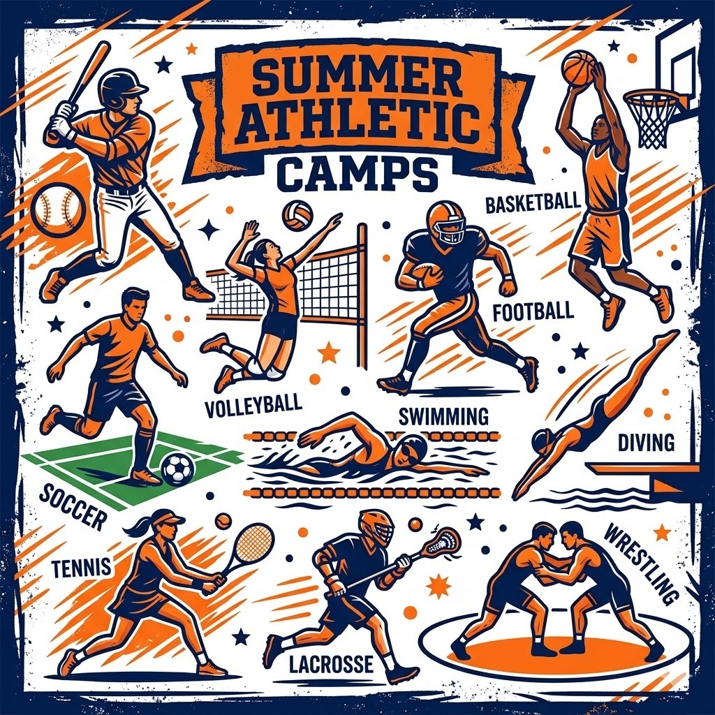 Summer Athletic Camps at BGHS showing baseball, soccer, tennis, volleyball, lacrosse, wrestling, swimming, diving, football and basketball.