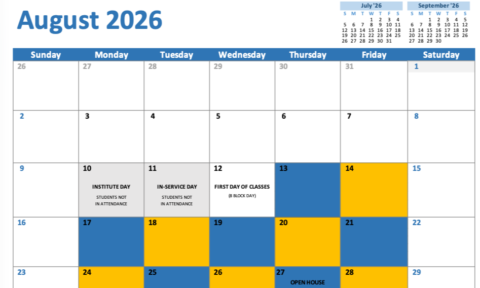August 2026 monthly calendar with the A/B calendar days alternating in blue and orange